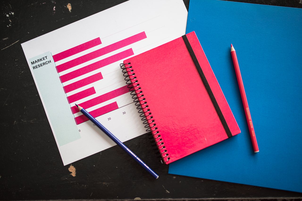 View from above of a business chart laid out on a table with a red notebook and colored pencils.